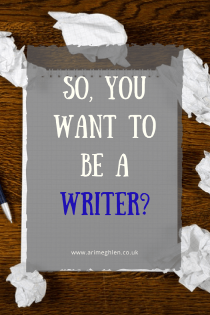 banner so you want to be a writer? Blank notebook surrounded by scrunched up papers