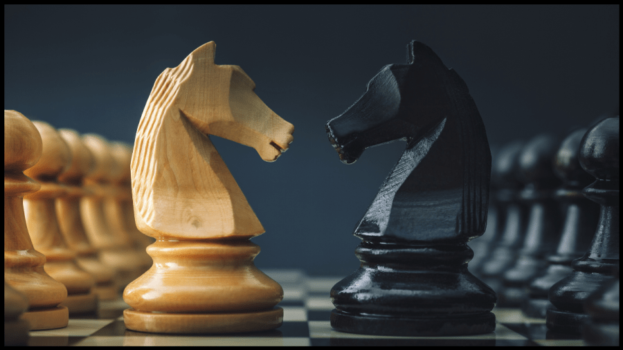 Photo of a chessboard with the black and white knight pieces face to face.