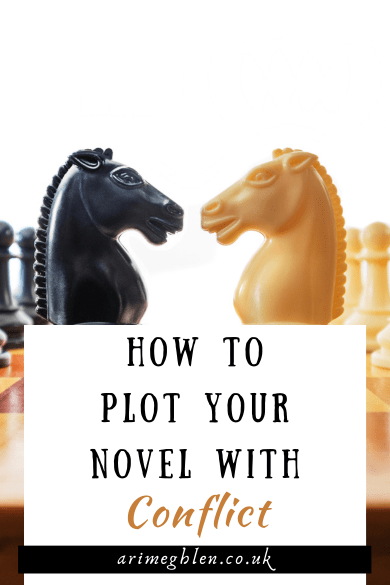 Photo of a chessboard with the black and white knight pieces face to face and a row of pawns behind each. Text overlay reads How to plot your novel with conflict.