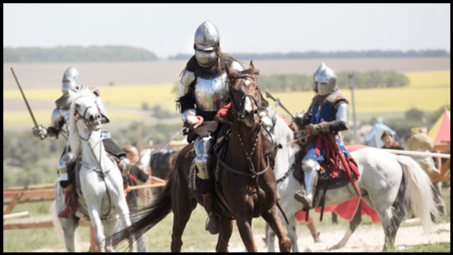 Photo of several knights in armour on horseback