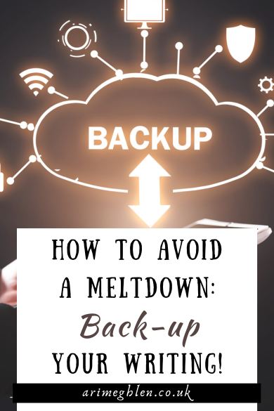 Digital image of a cloud with the word backup inside, a double-headed arrow at the base and several icons around the top such as the wi-fi signal and a firewall shield signal. Text overlay reads How to Avoid a meltdown: Back up your writing. AriMeghlen.co.uk