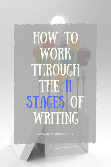 Title Image: Text - How to work through the 11 stages of writing. Image: Box of balloons made of lightbulbs
