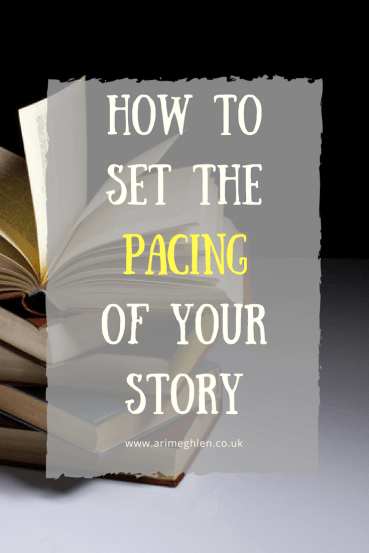 Banner how to set the pacing of your story. stack of books with the top one flipping open