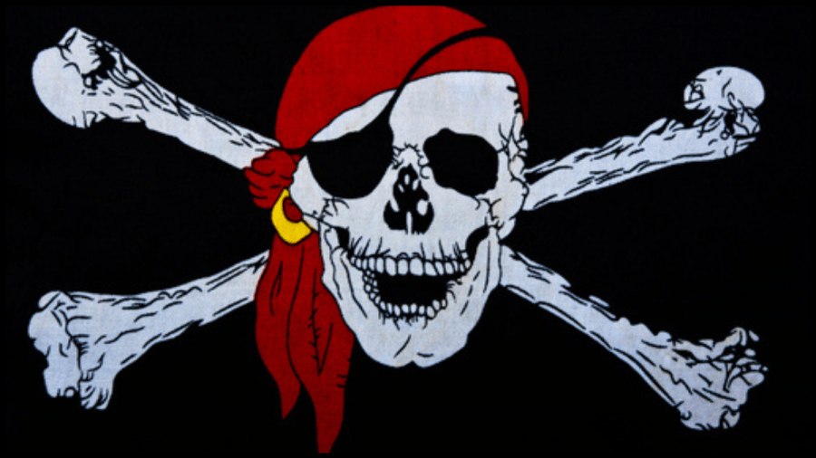 Image of skull and cross bones, with a red bandana, an eyepatch and a gold ring.
