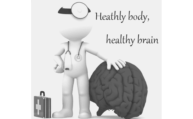 Featured Images - Be healthy. Keep your body and brain healthy. Image of a little man with a stethascope, doctor's bag stood beside a large brain