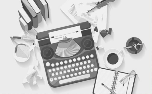 Featured images - vector flatlay of a typewriter, coffee cup, notepad, glasses, books and quill. Image bought from DepositPhotos