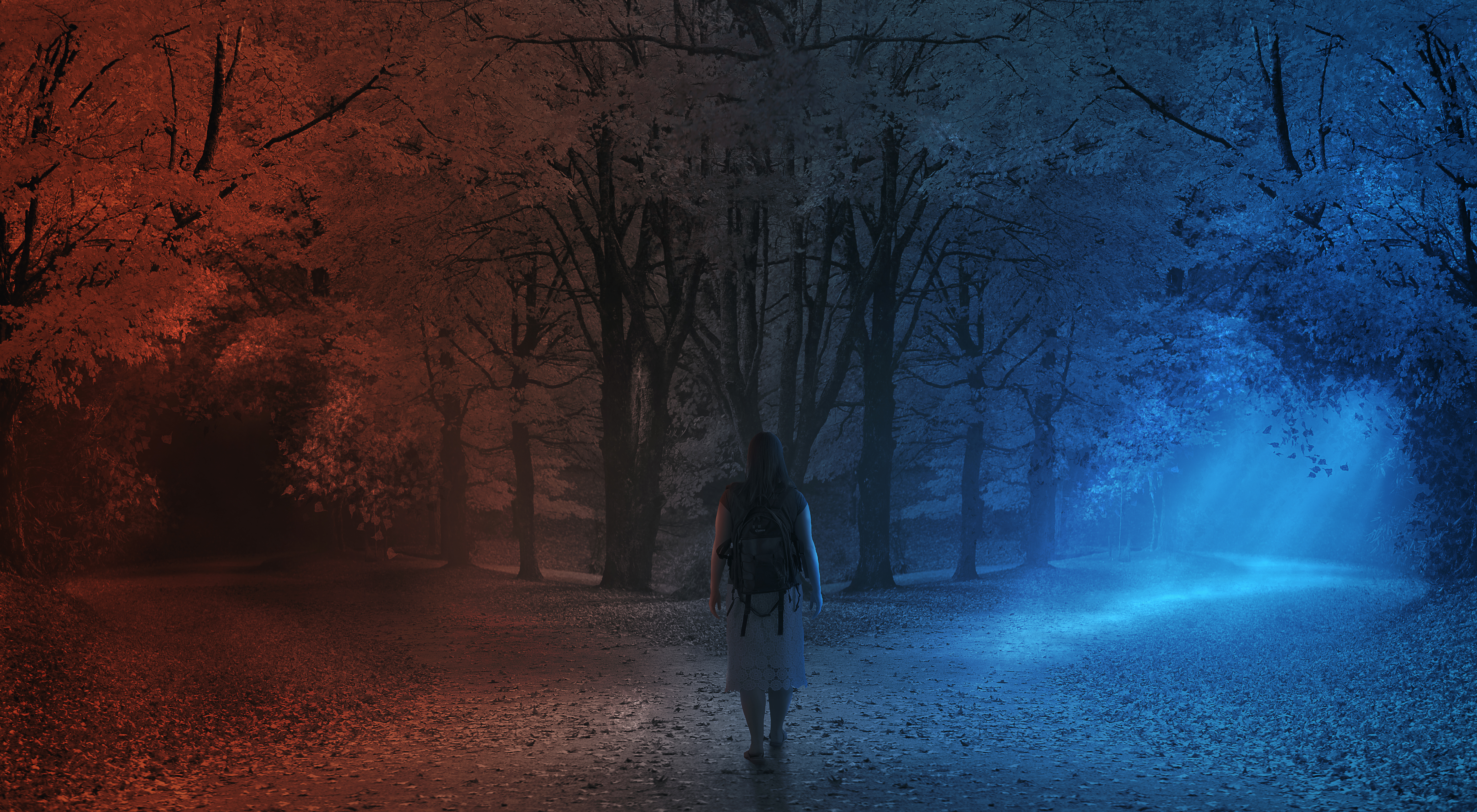 Photo of a woman stood in front of some trees where two paths diverge. The left side is a red tone and the right side is a blue tone. 