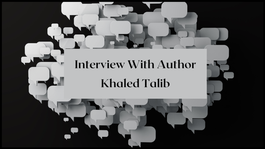 Image of dozens of grey speechbubbles floating on a black background. Text overlay reads Interview with author Khaled Talib.