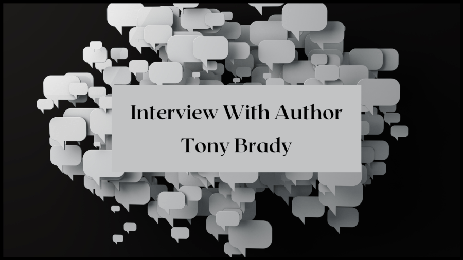 Image of dozens of grey speechbubbles floating on a black background. Text overlay reads Interview with author Tony Brady.