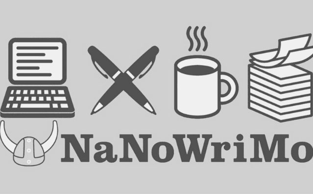 Featured Images - NaNoWriMo National Novel Writing Month. NaNoWriMo logo images of a viking hat, laptop, crossed pens, cup and pile of papers