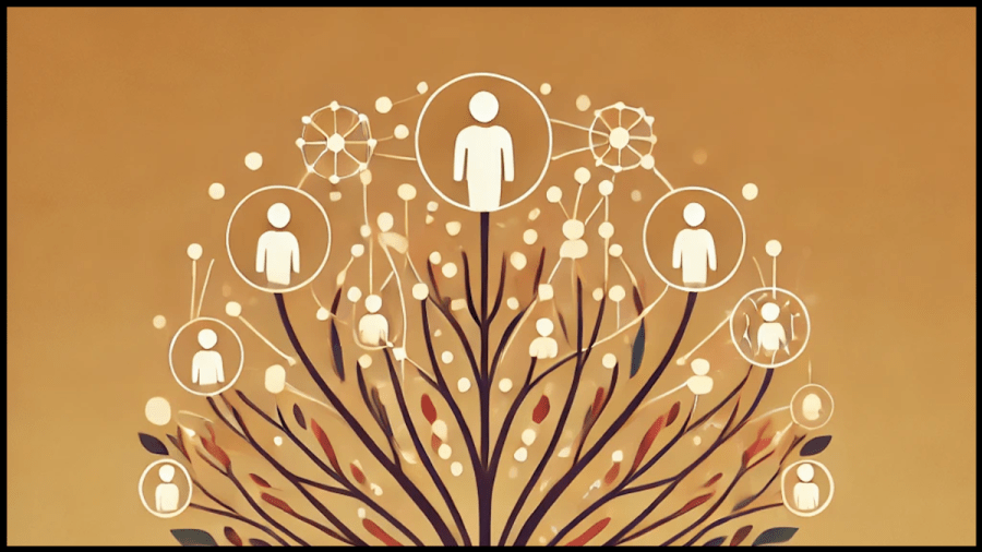 Vector image of a tree with branches that have outlines of people on the branches, interconnecting.