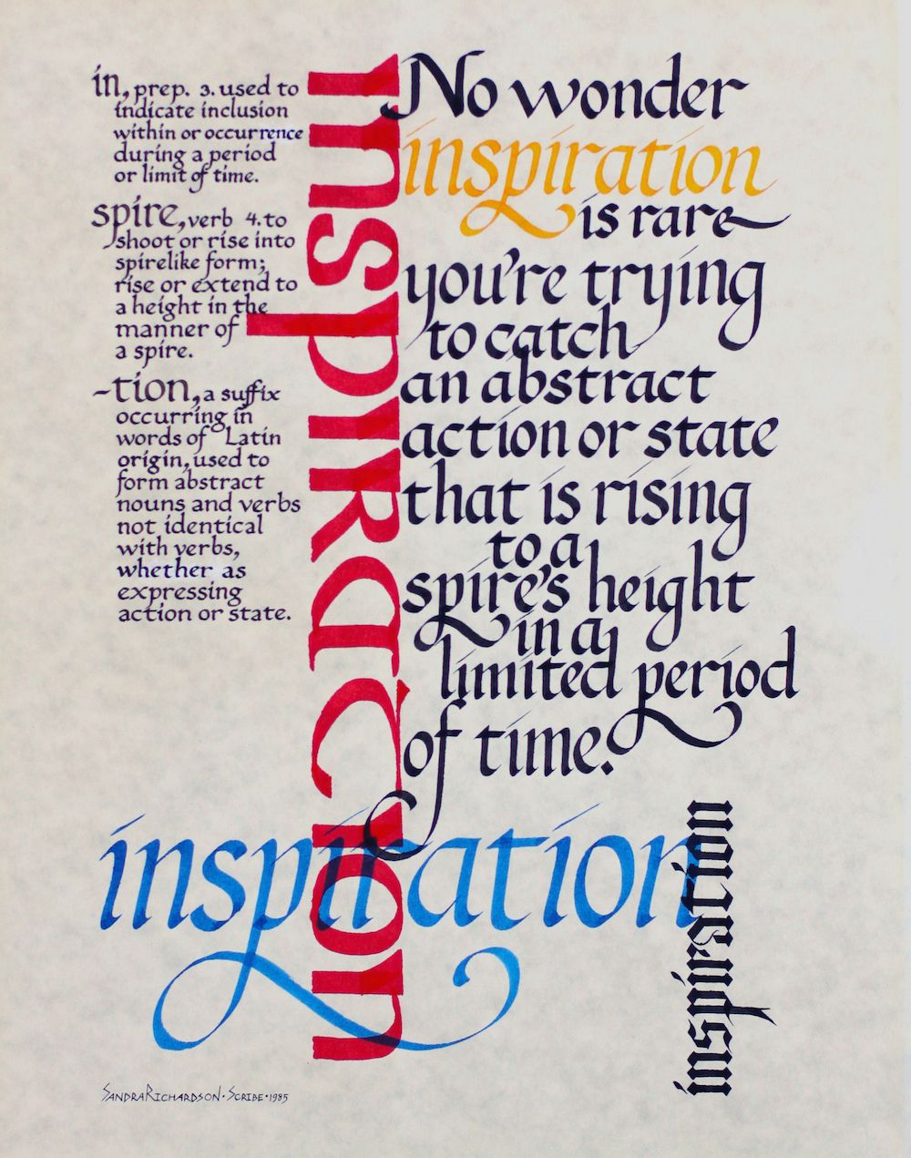 A page of decorative calligraphy writing that reads in part, Inspiration. No wonder inspiration is rare you're tring to catch an abstract action or state that is rising to a spires high in a limited period of time.