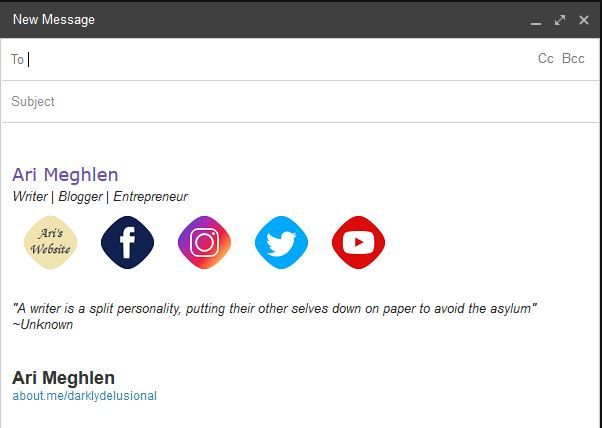Example of email signature used for marketing yourself as a writer