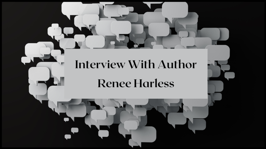 Image of dozens of grey speechbubbles floating on a black background. Text overlay reads Interview with author Renee Harless.
