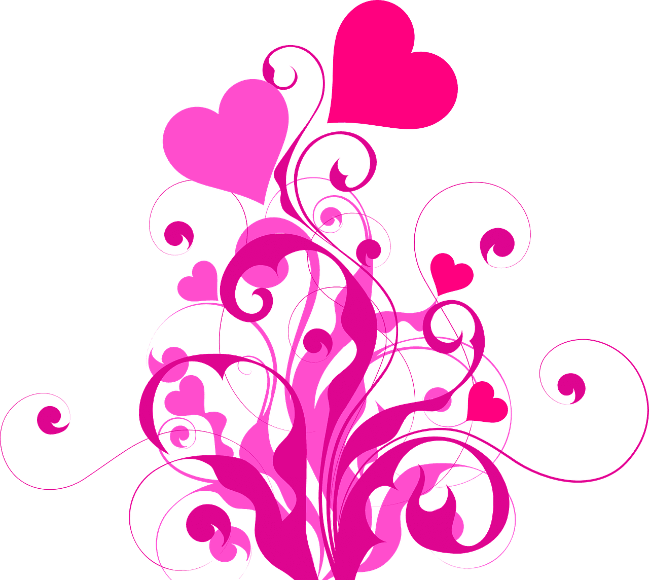 Vector image of pink hearts with twists and spiral flourishes.