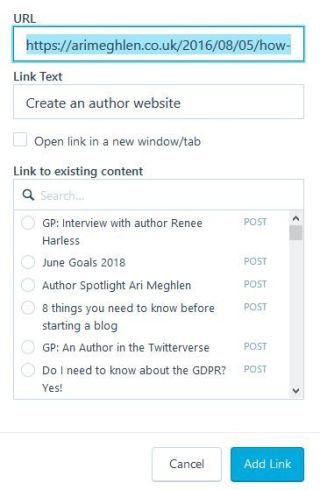 Image of link dialogue box on blog post