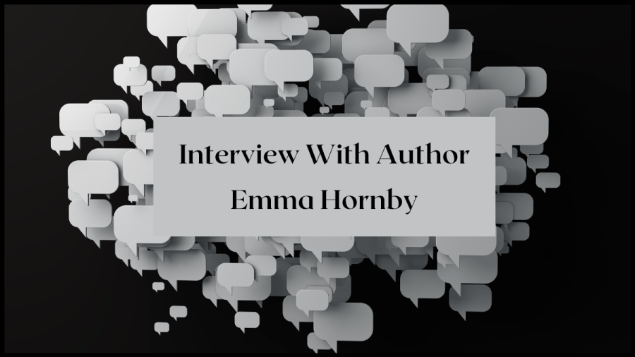 Image of dozens of grey speechbubbles floating on a black background. Text overlay reads Interview with author Emma Hornby