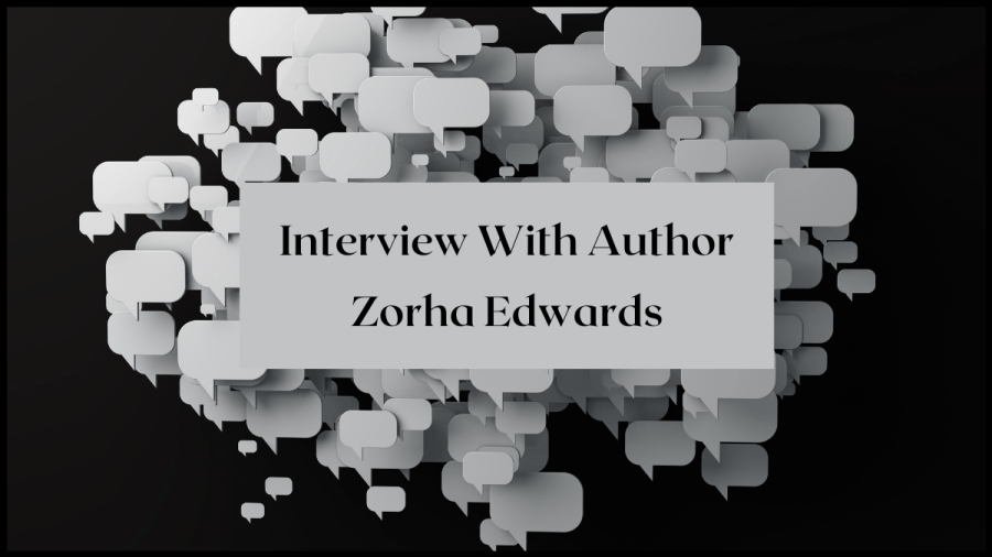 Image of dozens of grey speechbubbles floating on a black background. Text overlay reads Interview with author Zorha Edwards