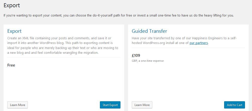 Image: Screenshot of Export options on WordPress