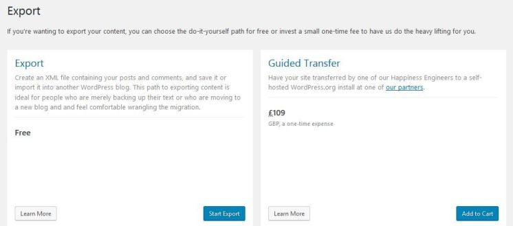 Image: Screenshot of Export options on WordPress