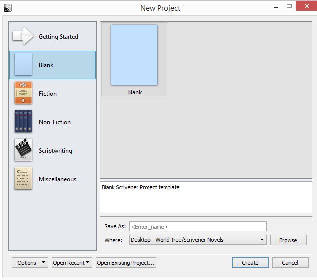 Screenshot of New Project window in Scrivener