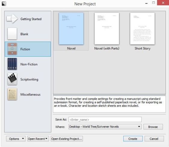 Screenshot - New Project Novel in Scrivener