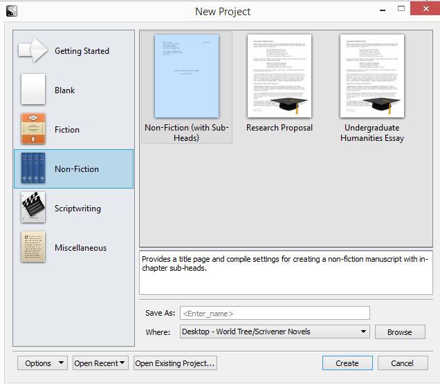 Screenshot of New Project window of Non-Fiction in Scrivener
