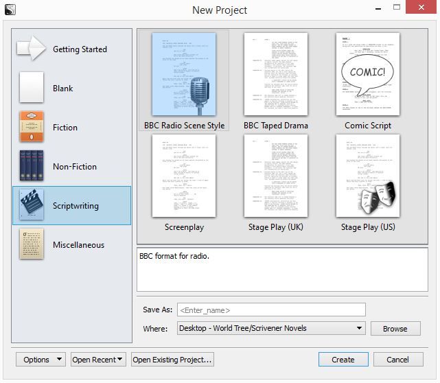 Screenshot New Project Scriptwriting In Scrivener