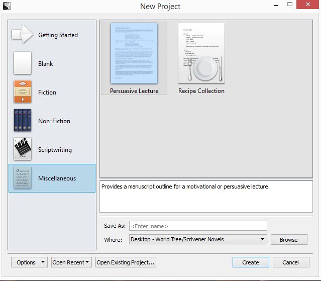Screenshot of Misc New Project in Scrivener