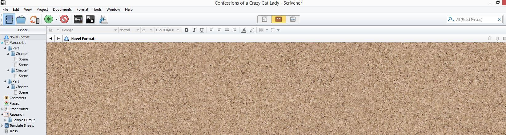 Screenshot corkboard view in scrivener