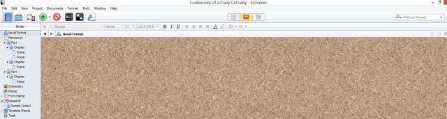 Screenshot corkboard view in scrivener