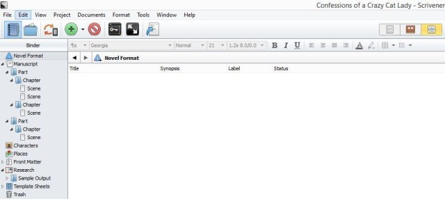 Screenshot outline view in Scrivener