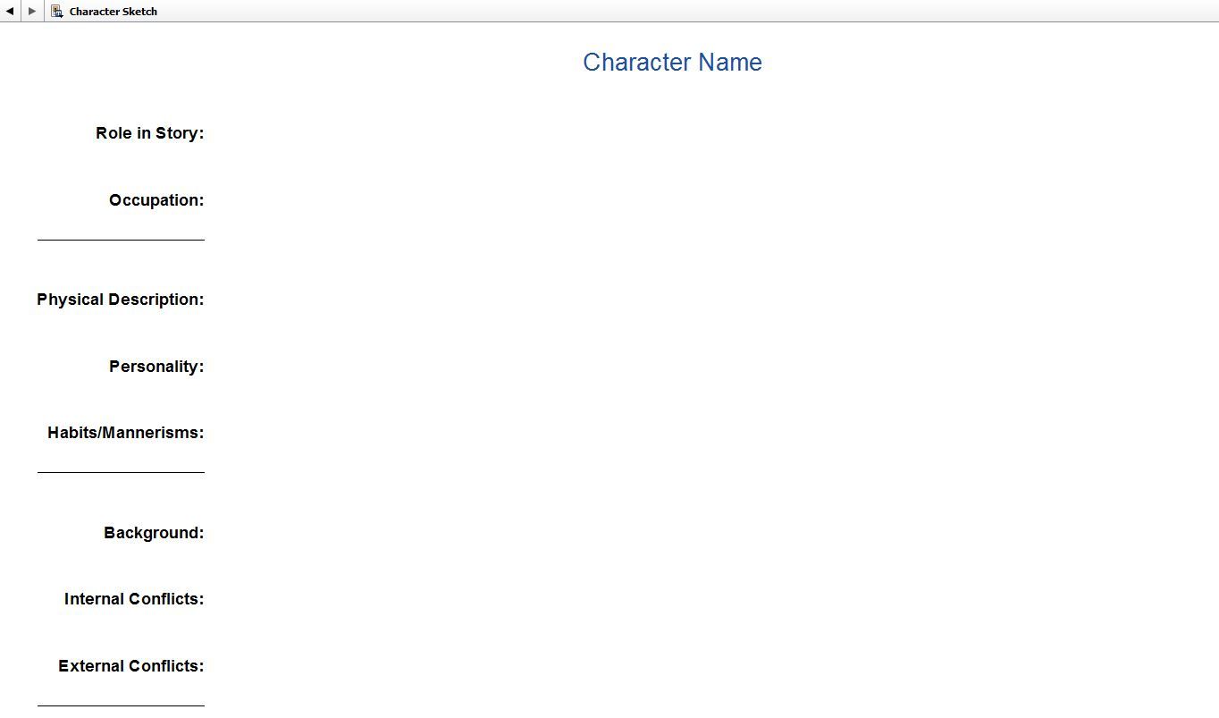 Screenshot Character Profile in Scrivener. Character Sketch