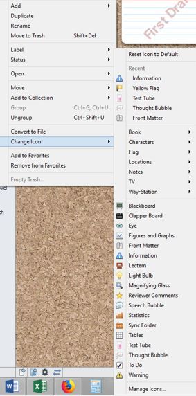 Screenshot Change Icon option in Scrivener