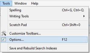 Screenshot Tools Toolbar menu in Scrivener to set up page