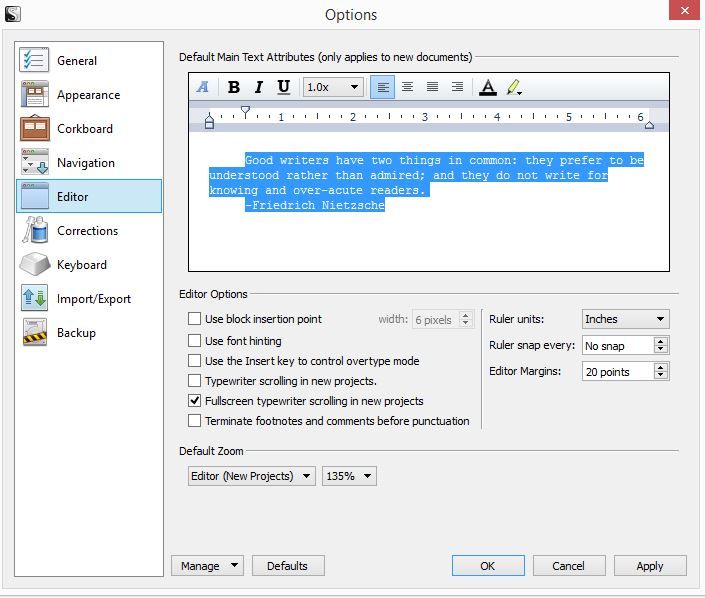 Screenshot of Options window in Scrivener