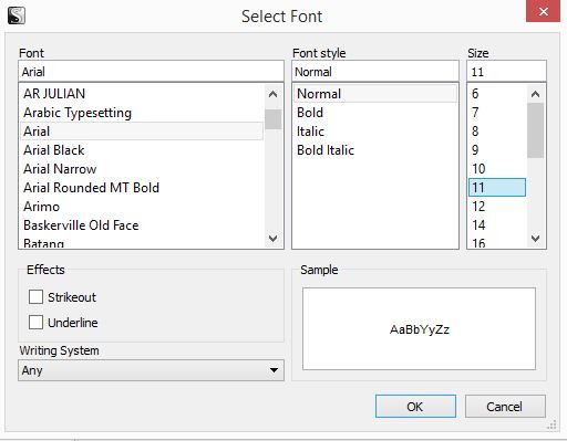 Screenshot of Select Font window in Scrivener