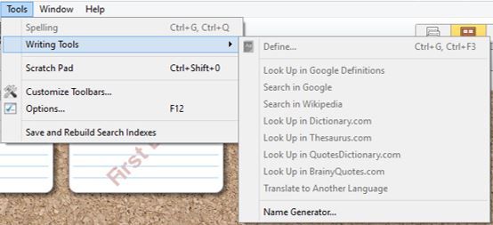 Screenshot Tools toolbar showing Writing Tools to get to Name Generator in Scrivener