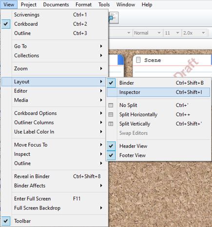 Screenshot View menu to activate Inspector in Scrivener