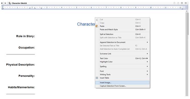 Screenshot Character Sketch and adding images in Scrivener