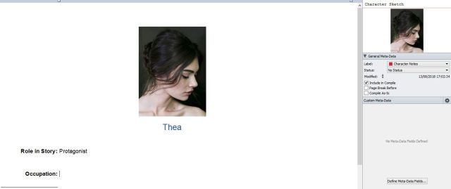 Screenshot of Character sketch with added photo in Scrivener
