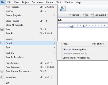 Screen shot how to Export Scrivener document into Word or PDF
