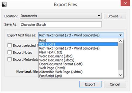 Screenshot Export Files window in Scrivener