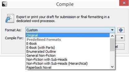 Screenshot Compile format options in Scrivener
