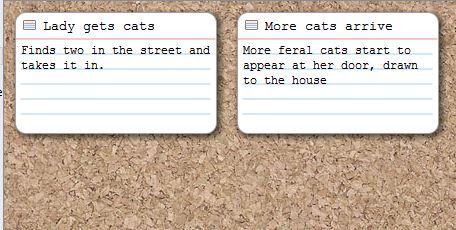 Screenshot cards on corkboard view in Scrivener
