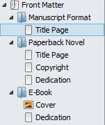 Screenshot Front Matter options in Binder panel in Scrivener