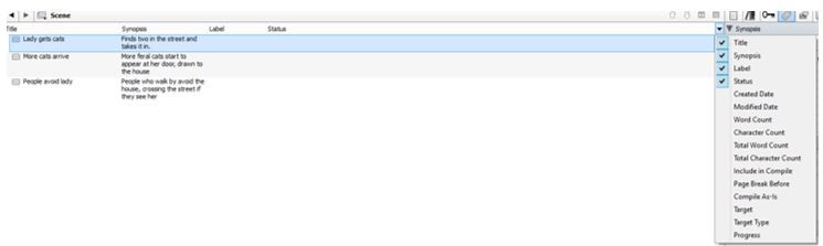 Screenshot outline view field selection in Scrivener