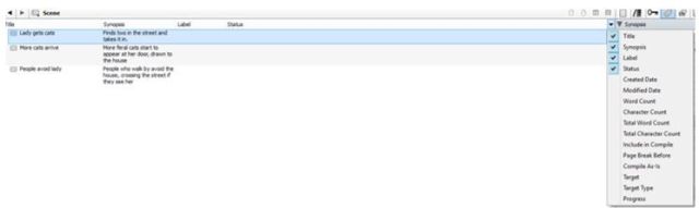 Screenshot outline view field selection in Scrivener
