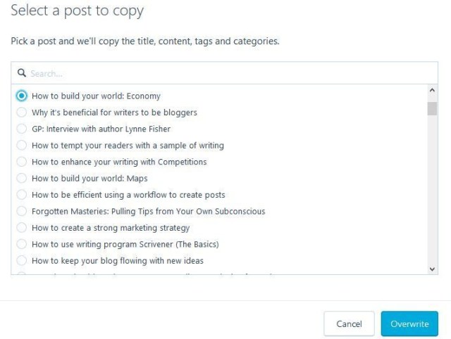 Screenshot "Select a post to copy" dialogue box in WordPress.com