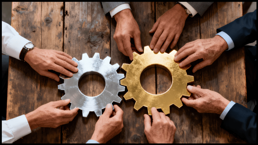Image of several hands holding two cogs together on a wooden desk